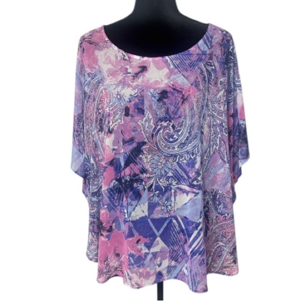 🌹Chico's - Pink and Purple Paisley Chiffon Poncho Style Blouse - Size L/XL